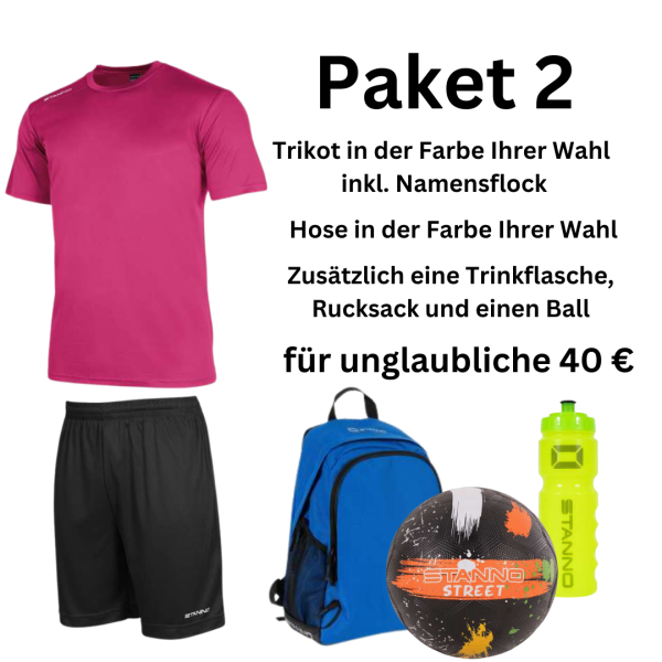 Schulkinder-Paket 2 - Trikot mit Namensflock + Hose + Rucksack mit Namensflock + Ball + Trinkflasche